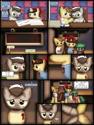 Size: 1750x2333 | Tagged: safe, artist:99999999000, derpibooru import, oc, oc only, oc:benan, oc:li anna, oc:mar baolin, oc:zhang cathy, earth pony, pegasus, pony, unicorn, zebra, comic:nice to meet you, bus stop, clothes, comic, crying, female, filly, foal, zebra oc