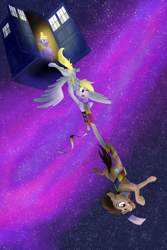Size: 1800x2700 | Tagged: safe, artist:sixes&sevens, derpibooru import, derpy hooves, dinky hooves, doctor whooves, earth pony, pegasus, unicorn, doctor who, falling, fourth doctor's scarf, magic, space, sweat, tangled up, tardis