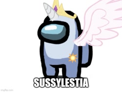 Size: 577x433 | Tagged: safe, derpibooru import, princess celestia, amogus, among us, crewmate, glimenade is a mess, jewelry, meme, pun, regalia, shitposting, sus (among us), sussylestia, wat