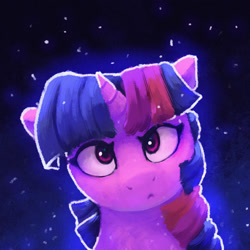 Size: 1600x1600 | Tagged: safe, artist:thefloatingtree, derpibooru import, twilight sparkle, pony, unicorn, :c, abstract background, ears, female, floppy ears, frown, horn, looking at you, mare, solo, starry background, white outline