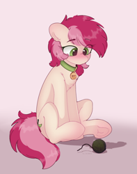 Size: 1582x2008 | Tagged: safe, artist:flixanoa, derpibooru import, roseluck, earth pony, pony, unicorn, behaving like a cat, blushing, chest fluff, collar, cute, cuteluck, ear fluff, ears, eye clipping through hair, eyebrows, eyebrows visible through hair, female, floppy ears, flower, hooves, looking at something, looking down, lovely, mare, pet collar, pet tag, rose, rosepet, shadow, signature, sitting, solo, tail, two toned mane, two toned tail, underhoof, yarn, yarn ball