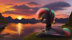 Size: 1920x1080 | Tagged: safe, artist:luminousdazzle, derpibooru import, oc, oc only, oc:black opal, bat pony, bat pony oc, boat, choker, cloud, ear piercing, female, lake, lying down, mare, mountain, mountain range, piercing, scenery, sky, solo, sunset