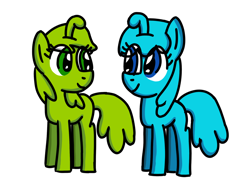 Size: 1024x768 | Tagged: safe, artist:danielthebrony57, derpibooru import, pony, g4, blue (cut the rope 2), blue eyes, bluebetes (cut the rope 2), crossover, cut the rope, cut the rope 2, cute, duo, eye clipping through hair, eye contact, female, friends, full body, green eyes, hooves, looking at each other, looking at someone, mare, nommie, nommie pony, om nom (character), omnomabetes, ponified, simple background, smiling, smiling at each other, standing, transparent background