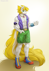 Size: 970x1400 | Tagged: safe, artist:margony, derpibooru import, oc, oc:alabaster, anthro, earth pony, plantigrade anthro, belt, clothes, earth pony oc, jewelry, male, muscles, necklace, shorts, solo, tattoo, vest