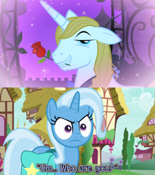 Size: 1280x1440 | Tagged: safe, derpibooru import, edit, edited screencap, screencap, prince blueblood, trixie, unicorn, student counsel, bluetrix, do not want, female, male, reaction, shipping, shipping denied, straight, trixie is not amused, unamused