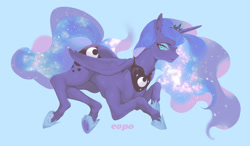 Size: 1280x746 | Tagged: safe, alternate version, artist:eopo, derpibooru import, princess luna, alicorn, pony, blue background, crown, ethereal mane, female, galaxy mane, hoof shoes, jewelry, light blue background, looking at you, looking sideways, lying down, mare, profile, prone, realistic horse legs, regalia, side view, simple background, solo, starry mane