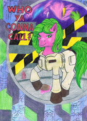 Size: 1632x2282 | Tagged: safe, artist:assertiveshypony, derpibooru import, earth pony, ghost, ghost pony, pony, undead, city, clothes, crossover, drawing, ghostbusters, looking at you, plasmane, tape, traditional art