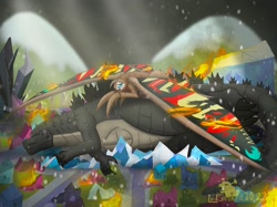 Size: 2732x2048 | Tagged: safe, artist:lordshrekzilla20, derpibooru import, fanfic:the one true king, crystal empire, dead, fire, godzilla, godzilla (series), injured, mothra, sad, sorrow