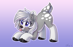 Size: 3859x2480 | Tagged: safe, alternate version, artist:dandy, derpibooru import, oc, oc only, oc:silverlining, deer, deer pony, original species, :3, ;p, alternate character, cloven hooves, commission, cute, deer oc, ear fluff, ears, eye clipping through hair, female, gradient background, high res, solo, tongue, tongue out, unshorn fetlocks, white outline, ych result