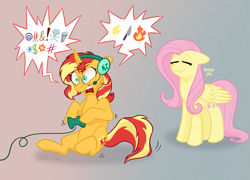 Size: 2319x1674 | Tagged: safe, artist:meowfactor, derpibooru import, fluttershy, sunset shimmer, pegasus, pony, unicorn, angry, censored vulgarity, commission, controller, duo, embarrassed, eyes closed, female, game, gamer sunset, grawlixes, headphones, headset, lesbian, mare, microphone, open mouth, rageset shimmer, shimmercode, shipping, sitting, sunset shimmer frustrated at game, sunshyne, swearing, video game, vulgar, ych result