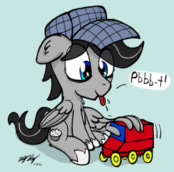 Size: 719x707 | Tagged: safe, artist:ebbysharp, derpibooru import, oc, oc only, oc:chopsticks, pegasus, pony, hat, solo, tongue, tongue out, toy train, wing hands, wings