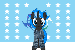 Size: 8980x6000 | Tagged: safe, artist:deyrasd, derpibooru import, oc, pony, unicorn, absurd resolution, camouflage, clothes, equestrian flag, male, solo, stallion, uniform