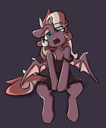 Size: 744x896 | Tagged: safe, artist:spheedc, derpibooru import, oc, oc:efflorescence, bat pony, pony, semi-anthro, bat pony oc, clothes, dress, fangs, piercing, sitting, solo, tongue piercing, wings