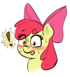 Size: 698x768 | Tagged: safe, artist:heretichesh, derpibooru import, apple bloom, earth pony, pony, blushing, exclamation point, female, filly, foal, simple background, solo, sweat, tongue, tongue out, transparent background