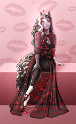 Size: 1911x3110 | Tagged: safe, artist:blackblood-queen, oc, oc only, oc:starling quartz, anthro, unguligrade anthro, unicorn, anthro oc, breasts, cleavage, clothes, digital art, dress, eyeshadow, female, hearts and hooves day, holiday, horn, lipstick, makeup, mare, mother, sitting, unicorn oc, valentine's day