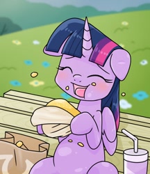 Size: 640x740 | Tagged: safe, alternate version, artist:batipin, derpibooru import, twilight sparkle, twilight sparkle (alicorn), alicorn, pony, bench, blushing, burger, chubby, chubby twilight, cute, drink, ears, eating, eyes closed, floppy ears, food, hay burger, herbivore, messy eating, sitting, solo, that pony sure does love burgers, twiabetes, twilight burgkle