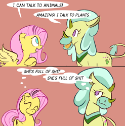 Size: 1800x1821 | Tagged: safe, artist:skunkstripe, derpibooru import, cactus rose, fluttershy, abada, pegasus, pony, 2 panel comic, comic, dialogue, duo, eyes closed, female, mare, open mouth, simple background, swearing, thought bubble, vulgar