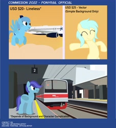 Size: 3713x4096 | Tagged: safe, artist:indonesiarailroadpht, derpibooru import, oc, oc only, pegasus, pony, advertisement, bipedal, commission info, female, mare, plane, station, train