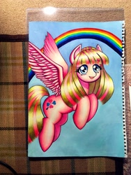 Size: 1536x2048 | Tagged: safe, artist:shikabane_gom, derpibooru import, oc, oc only, oc:milky berry, pegasus, pony, flying, heart, rainbow, solo, traditional art