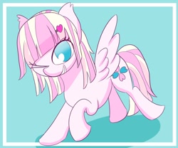 Size: 1200x1000 | Tagged: safe, artist:chocodamai, derpibooru import, oc, oc only, oc:milky berry, pegasus, pony, looking at you, looking back, one eye closed, smiling, smiling at you, wink, winking at you