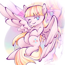 Size: 768x768 | Tagged: safe, artist:tanukei0815, derpibooru import, oc, oc only, oc:milky berry, pegasus, pony, female, heart, looking at you, mare, one eye closed, pegasus oc, solo, wink, winking at you, zoom layer