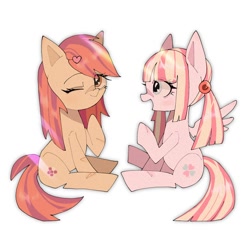 Size: 1400x1400 | Tagged: safe, artist:destroyer_aky, derpibooru import, oc, oc only, oc:milky berry, earth pony, pegasus, pony, duo, earth pony oc, eye clipping through hair, heart, looking at someone, one eye closed, pegasus oc, simple background, white background