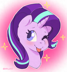 Size: 980x1054 | Tagged: safe, artist:talim_stuff, derpibooru import, starlight glimmer, ;p, blushing, bust, colored pupils, cute, glimmerbetes, one eye closed, portrait, solo, sparkles, tongue, tongue out, wink