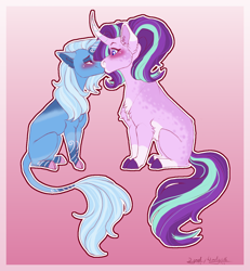 Size: 1250x1350 | Tagged: safe, artist:windlylelka, derpibooru import, starlight glimmer, trixie, pony, unicorn, blushing, chest fluff, cloven hooves, curved horn, ears, female, floppy ears, horn, kissing, leonine tail, lesbian, lidded eyes, shipping, smiling, startrix, surprised, tail