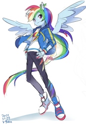 Size: 1280x1849 | Tagged: safe, artist:ryuu, derpibooru import, rainbow dash, better together, equestria girls, 2021, converse, female, looking at you, ponied up, shoes, simple background, sneakers, solo, spread wings, white background, wings