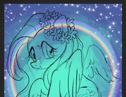 Size: 1264x974 | Tagged: safe, artist:alexbeeza, derpibooru import, fluttershy, pegasus, pony, female, flower, flower in hair, lineart, looking at you, looking over shoulder, mare, rainbow, solo