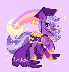 Size: 1966x2048 | Tagged: safe, artist:bunbunbewwii, derpibooru import, twilight twinkle, pony, unicorn, alternate design, crescent moon, female, graduation cap, hat, looking at you, mare, moon, open mouth, open smile, purple background, simple background, smiling, smiling at you, solo, stars