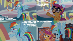 Size: 1280x720 | Tagged: safe, derpibooru import, edit, edited screencap, editor:quoterific, screencap, rainbow dash, scootaloo, pegasus, pony, marks for effort, season 8, spoiler:s08, duo, female, filly, flying, foal, groucho mask, mare, open mouth, open smile, school of friendship, smiling, spread wings, wings