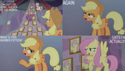 Size: 1280x720 | Tagged: safe, derpibooru import, edit, edited screencap, editor:quoterific, screencap, applejack, fluttershy, earth pony, pegasus, pony, teacher of the month (episode), spoiler:interseason shorts, applejack's hat, clothes, cowboy hat, duo, female, flying, hat, mare, open mouth, open smile, school of friendship, smiling, spread wings, wings