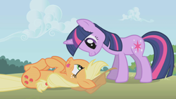 Size: 1280x720 | Tagged: safe, derpibooru import, screencap, applejack, twilight sparkle, unicorn twilight, earth pony, pony, unicorn, applebuck season, season 1, applejack's hat, clothes, cloud, cowboy hat, duo, hat, lying down, on back, silly, silly pony, smiling, tongue, tongue out, wavy mouth, who's a silly pony