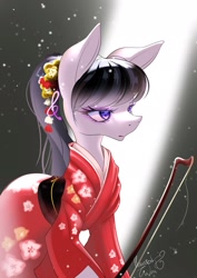 Size: 1448x2048 | Tagged: safe, artist:hauntedtuba, derpibooru import, octavia melody, earth pony, pony, alternate hairstyle, bow, clothes, female, flower, flower in hair, kimono (clothing), mare, solo