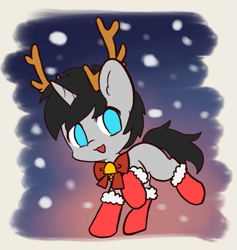 Size: 839x885 | Tagged: safe, artist:eddiemk9, artist:yilo, derpibooru import, oc, oc only, oc:cyan delta, pony, unicorn, chibi, christmas, clothes, cute, holiday, male, ocbetes, snow, socks, solo, stallion