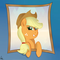 Size: 2400x2400 | Tagged: safe, artist:habiepon3, derpibooru import, applejack, earth pony, pony, applejack's hat, bust, clothes, cowboy hat, cute, female, frame, hat, looking at you, mare, smiling, solo