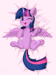 Size: 2160x2880 | Tagged: safe, artist:hsf, derpibooru import, twilight sparkle, twilight sparkle (alicorn), alicorn, pony, chest fluff, cute, dock, female, frog (hoof), looking at you, mare, nyan, one eye closed, solo, spread wings, tail, tongue, tongue out, twiabetes, underhoof, wings, wink, winking at you