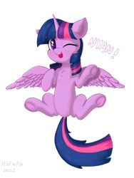 Size: 2160x2880 | Tagged: safe, alternate version, artist:hsf, derpibooru import, twilight sparkle, twilight sparkle (alicorn), alicorn, pony, dock, female, frog (hoof), looking at you, mare, nyan, one eye closed, simple background, solo, tail, tongue, tongue out, transparent background, underhoof