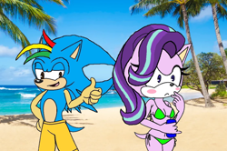 Size: 1200x795 | Tagged: safe, artist:shield-wing1996, derpibooru import, starlight glimmer, oc, anthro, equestria girls, base used, beach, bikini, breasts, clothes, palm tree, sonic the hedgehog (series), sonicified, swimsuit, tree