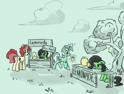 Size: 1750x1330 | Tagged: safe, artist:anonymous, ponerpics import, lyra heartstrings, roseluck, oc, oc:anon filly, earth pony, pony, unicorn, cloud, female, filly, foal, frown, glass, grass, juice, lemonade, lemonade stand, magic, open mouth, smiling, tree