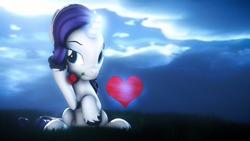 Size: 3840x2160 | Tagged: safe, artist:lagmanor, derpibooru import, part of a set, rarity, pony, unicorn, 3d, flower, flower in mouth, glowing, glowing horn, grass, grass field, heart, hearts and hooves day, high res, holiday, hooves, horn, looking at you, magic, makeup, mane, moonlight, mouth hold, night, rose, rose in mouth, sitting, solo, source filmmaker, telekinesis, valentine's day