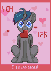 Size: 258x360 | Tagged: safe, artist:yarugreat, derpibooru import, oc, alicorn, bat pony, changeling, deer, earth pony, original species, pegasus, pony, unicorn, zebra, animated, commission, gif, heart, hearts and hooves day, holiday, pixel animation, pixel art, solo, ych animation, your character here
