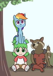 Size: 1000x1414 | Tagged: safe, artist:happy harvey, derpibooru import, rainbow dash, anthro, human, pegasus, raccoon, blushing, child, crossover, drawn on phone, drawthread, female, looking up, male, mare, marvel, rocket raccoon, sitting, sitting on person, tree, yotsuba