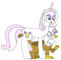 Size: 2373x2343 | Tagged: safe, artist:supahdonarudo, derpibooru import, fleur-de-lis, gilda, griffon, unicorn, blushing, looking down, simple background, surprised, this will end in snu snu, transparent background