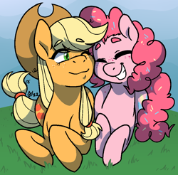 Size: 904x889 | Tagged: safe, artist:/d/non, derpibooru import, applejack, pinkie pie, blonde, blonde hair, confetti, cutie mark, eyebrows, eyebrows visible through hair, eyes closed, freckles, grass, green eyes, one eye closed, orange fur, pink fur, pink hair, smiling, wink