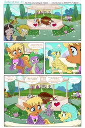 Size: 1536x2300 | Tagged: safe, artist:jeremy3, derpibooru import, ms. harshwhinny, spike, sunshower raindrops, oc, oc:valentine, dragon, earth pony, pegasus, pony, unicorn, comic:behind me, alternate universe, bench, cello, clothes, comic, gazebo, house, musical instrument, piano, ponyville