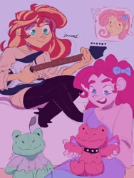 Size: 1536x2048 | Tagged: safe, artist:dreamz, derpibooru import, fluttershy, pinkie pie, sunset shimmer, frog, equestria girls, bow, build-a-bear, choker, clothes, curious, female, guitar, hair bow, hoodie, jeans, lesbian, musical instrument, pants, plushie, question mark, shipping, socks, spiked choker, sunsetpie, sweater, trio