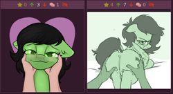 Size: 464x253 | Tagged: safe, artist:dumbwoofer, artist:plunger, oc, oc:anon, oc:anon filly, human, pegasus, pony, angry, bed, blushing, butt, butt grab, butt touch, cute, dock, female, filly, foal, grope, hand, juxtaposition, looking at you, looking back, meta, plot, ponybooru, simple background, smiling, smiling at you, tail aside, transparent background