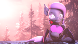 Size: 3840x2160 | Tagged: safe, artist:lagmanor, derpibooru import, part of a set, oc, oc only, oc:wintergleam, bat pony, pony, 3d, bat ears, bat eyes, braid, cliff, fangs, flower, flower in mouth, forest, forest background, glowing, glowing eyes, heart, hearts and hooves day, holiday, hoof hold, hooves, looking at you, mane, morning, mouth hold, pine tree, rose, rose in mouth, sitting, snow, snowfall, solo, source filmmaker, sunlight, tree, valentine's day